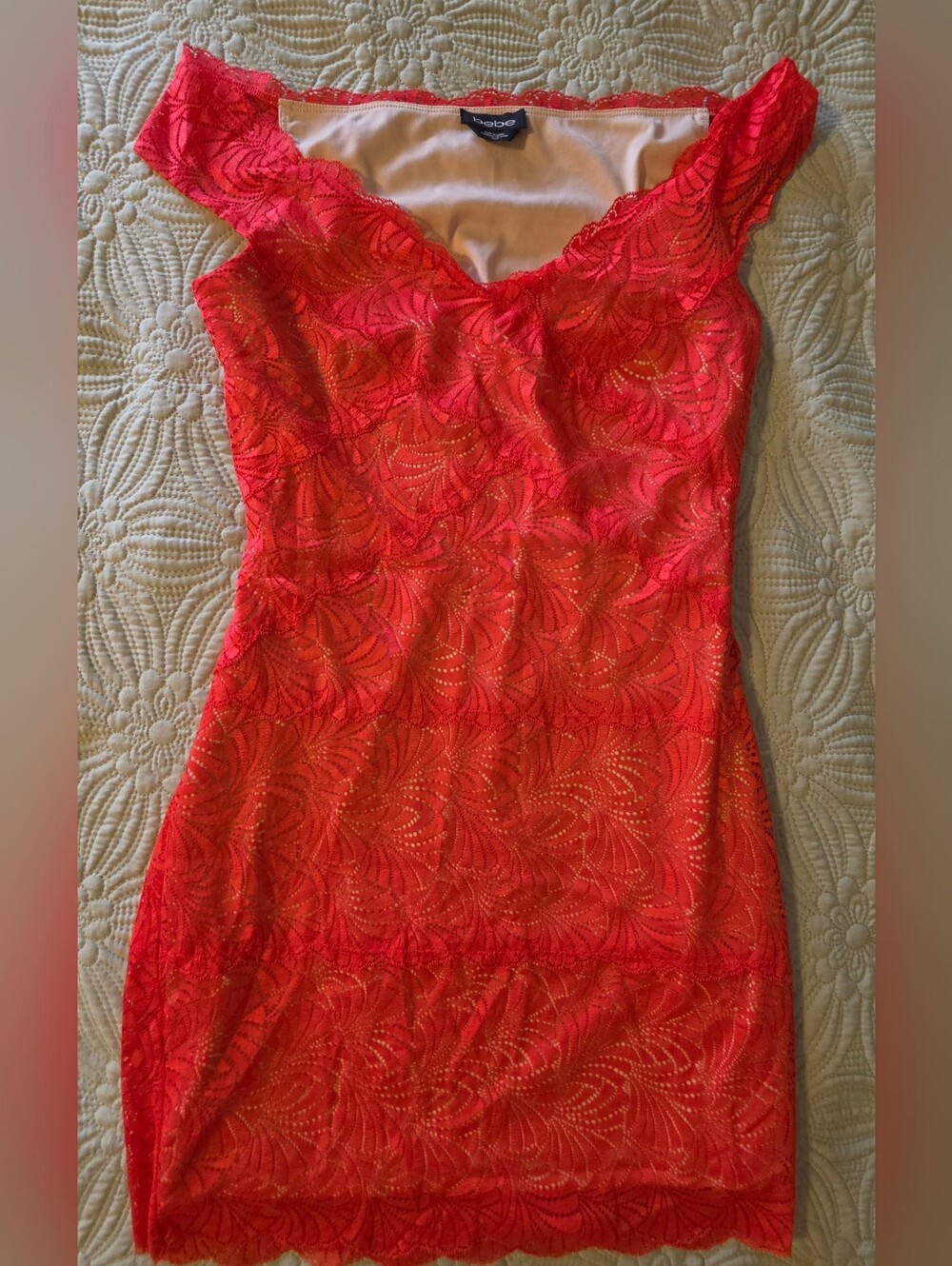 Bebe Coral-Red Lace Fit & Flare Mini Dress